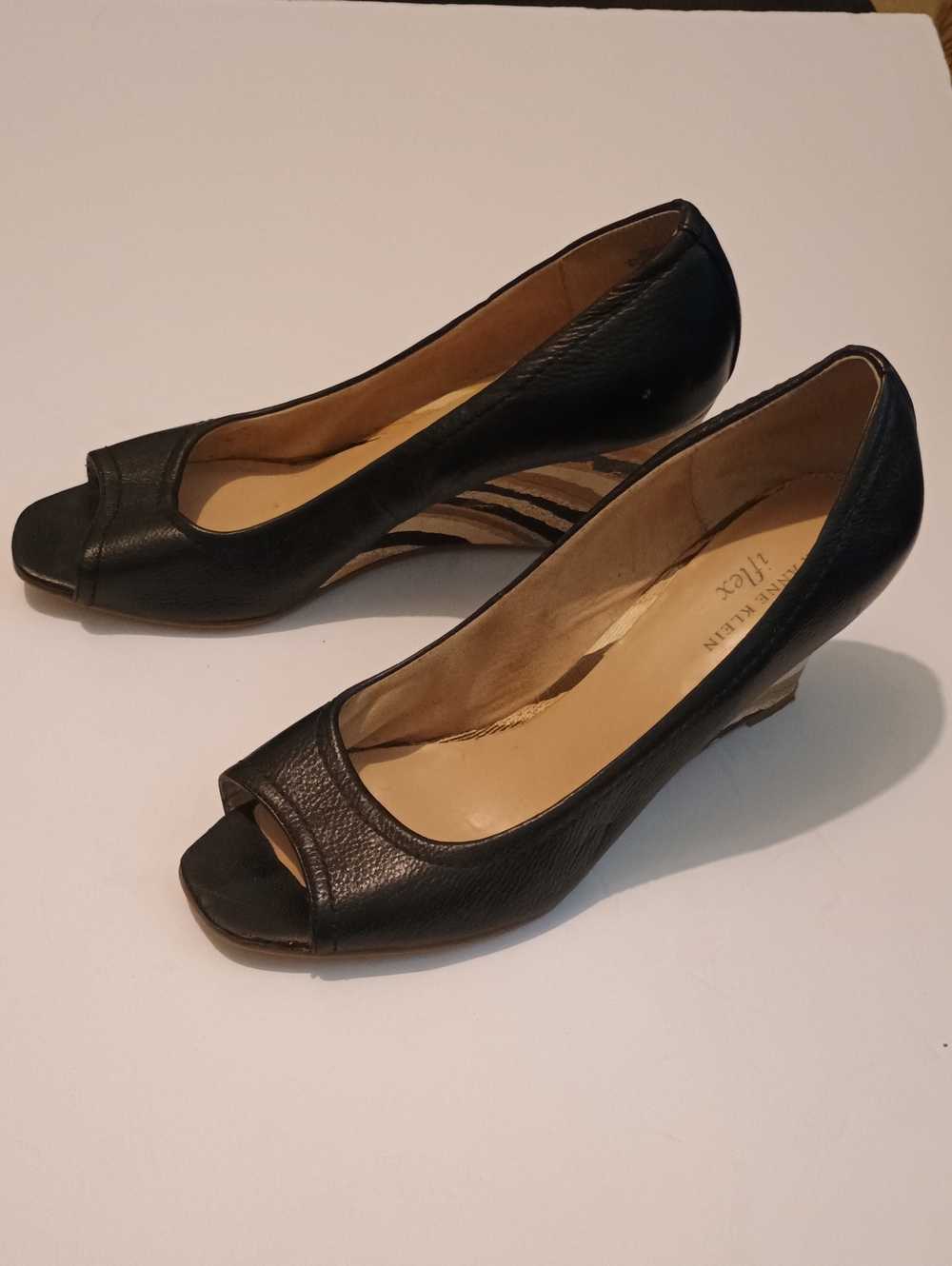Anne Klein Black Leather Peep-Toe Wedge Pumps